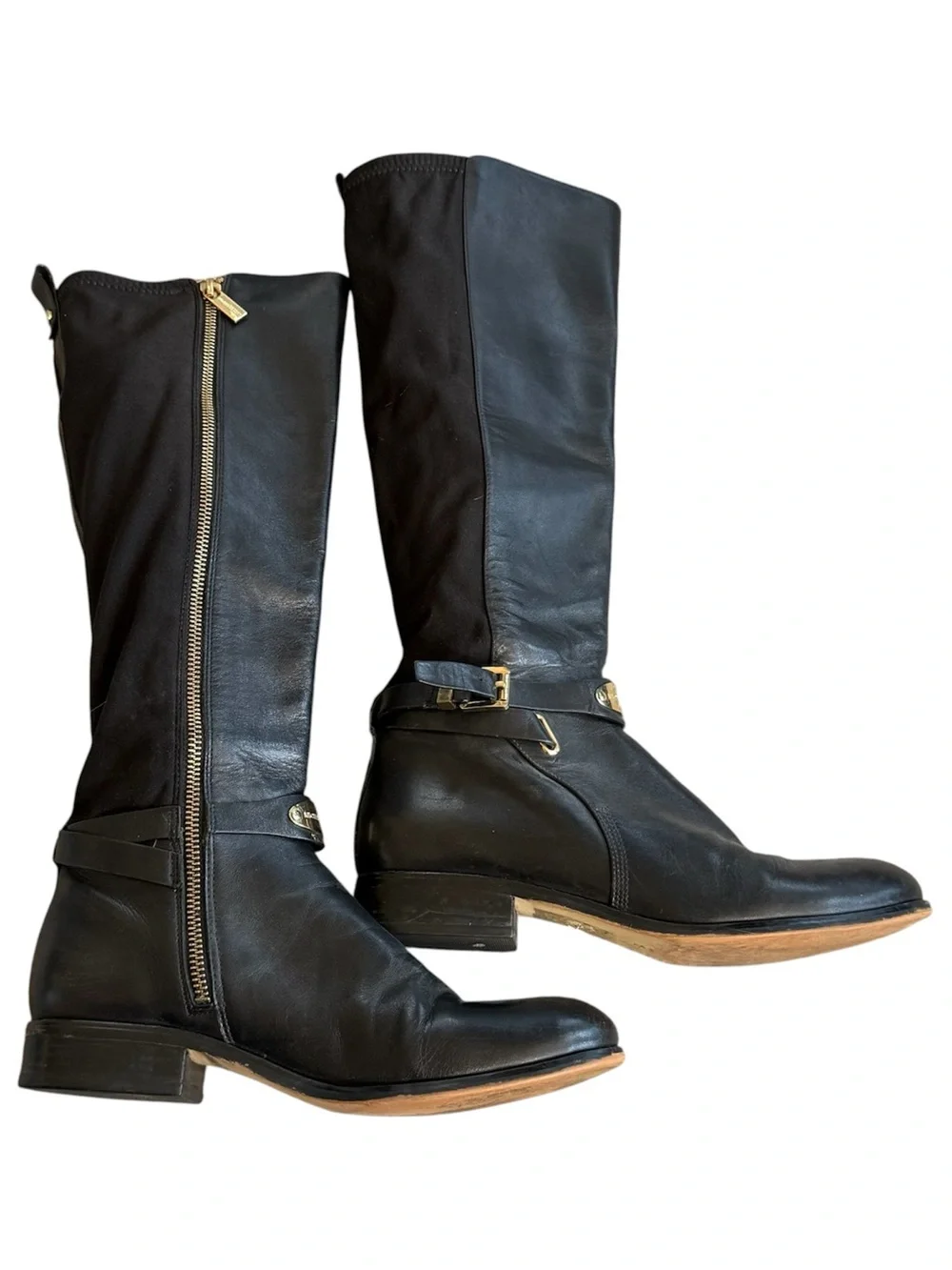 MICHAEL KORS Black Leather Riding Boots Gold Logo Buckle Side Zip Women’s 8.5